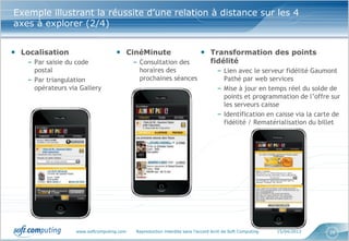 Exemple illustrant la réussite d’une relation à distance sur les 4
axes à explorer (2/4)


• Localisation                     • CinéMinute                            • Transformation des points
    – Par saisie du code                   – Consultation des                   fidélité
      postal                                 horaires des                          – Lien avec le serveur fidélité Gaumont
    – Par triangulation                      prochaines séances                      Pathé par web services
      opérateurs via Gallery                                                       – Mise à jour en temps réel du solde de
                                                                                     points et programmation de l’offre sur
                                                                                     les serveurs caisse
                                                                                   – Identification en caisse via la carte de
                                                                                     fidélité / Rematérialisation du billet




                   www.softcomputing.com    Reproduction interdite sans l’accord écrit de Soft Computing   15/04/2013    26
 