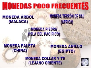 MONEDAS POCO FRECUENTES MONEDA ÁRBOL (MALACA) MONEDA PIEDRA (ISLA DEL PACÍFICO) MONEDA TERRÓN DE SAL (AFRICA) MONEDA PALETA (CHINA) MONEDA ANILLO (EGIPTO) MONEDA COLLAR Y TÉ (LEJANO ORIENTE) 