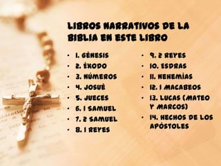 Libros narrativos de la
Biblia en este libro
„   1. Génesis    „ 9. 2 Reyes
„   2. Éxodo      „ 10. Esdras
„   3. Números    „ 11. Nehemías
„   4. Josué      „ 12. 1 Macabeos
„   5. Jueces     „ 13. Lucas (Mateo
„   6. 1 Samuel     y Marcos)
„   7. 2 Samuel   „ 14. Hechos de los
„   8. 1 Reyes      Apóstoles
 