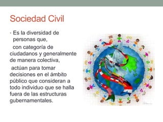 Sociedad Civil
• Es la diversidad de
personas que,
con categoría de
ciudadanos y generalmente
de manera colectiva,
actúan para tomar
decisiones en el ámbito
público que consideran a
todo individuo que se halla
fuera de las estructuras
gubernamentales.
 