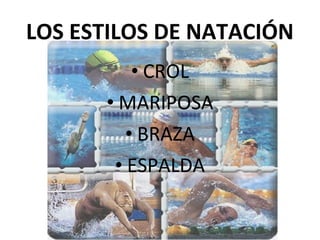• CROL
• MARIPOSA
• BRAZA
• ESPALDA
LOS ESTILOS DE NATACIÓN
 