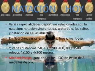 NATACIÓN HOY
• Varias especialidades deportivas relacionadas con la
natación: natación sincronizada, waterpolo, los saltos
y natación en aguas abiertas.
• En Natación, varios estilos: Libre, braza, mariposa,
espalda.
• Y, varias distancias: 50, 100, 200, 400, 800, 1500,
relevos 4x100 y 4x200 metros.
• Michael Phelps, ganador en los JJOO de Pekín de 8
medallas de oro.
 