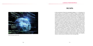 — 51 —— 50 —
Données informatiques, lignes de code
Big data
Nous construisons la France de la souveraineté numérique. Le développement de
l’internet nomade, avec les smartphones et les tablettes, entraîne un véritable déluge de
données numériques que renforce encore l’arrivée dans notre quotidien des objets connectés.
Les données deviennent ainsi le carburant de l’économie numérique. Tous les secteurs éco-
nomiques, du commerce au secteur automobile en passant par le secteur énergétique, tous les
domaines de la vie quotidienne (santé, éducation…) sont concernés. Le Big Data regroupe
à la fois le traitement de ces grandes masses de données, leur collecte, leur stockage jusqu’à
leur visualisation et leur analyse. Comment mettre en relation toutes ces données ? Comment
les faire parler ? Comment les mettre en valeur au service des consommateurs, de nos conci-
toyens ? Les enjeux sont considérables, d’abord sur un plan économique : on évalue à 8 % du
PIB européen la création de valeur liée aux Big Data à l’horizon 2020. Mais les enjeux sont aussi
stratégiques, car ils incluent la question de la protection des données numériques. Dans
ce domaine, la France possède de nombreux atouts : ses talents en mathématiques et en infor-
matique, son tissu d’entreprises numériques, comme par exemple Talend, Criteo Cap Gemini,
Atos ou Exalead/Dassault Systèmes, ou encore l’ensemble des entreprises dans les secteurs
transformés par le numérique, qui représentent près de 80 % du PIB. L’objectif du plan
« Big Data » est de faire de la France la référence mondiale dans ce domaine. Le plan couvre
tout le spectre des verrous à lever : formation de « data scientists », ouverture d’un centre de
ressources technologiques pour accélérer la croissance des start-up, soutien à la R&D, organi-
sation de la rencontre entre technologies et marchés verticaux (énergie, villes intelligentes,
commerce, sécurité) ainsi que le financement de fonds d’amorçage dédiés.
la Nouvelle france industrielle
 