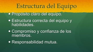 Estructura del Equipo
 Propósito claro del equipo.
 Estructura correcta del equipo y
habilidades.
 Compromiso y confianza de los
miembros.
 Responsabilidad mutua.
 