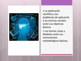 • La explicación
científica y los
problemas de aplicación
a las ciencias sociales
serán sus objetivos
básicos.
• Las teorías, leyes y
Modelos serán sus
instrumentos
metodológicos básicos.
 