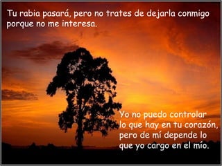 Tu rabia pasará, pero no trates de dejarla conmigo
porque no me interesa.
Yo no puedo controlar
lo que hay en tu corazón,
pero de mí depende lo
que yo cargo en el mío.
 