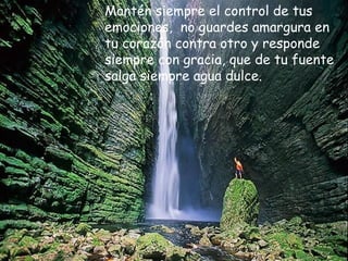 Mantén siempre el control de tus
emociones, no guardes amargura en
tu corazón contra otro y responde
siempre con gracia, que de tu fuente
salga siempre agua dulce.
 