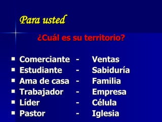 Para usted   ¿Cuál es su territorio?  C omerciante  -  V entas  E studiante  -  S abiduría  A ma de casa  -  Familia  T rabajador  -   E mpresa Líder -  Célula Pastor  -  Iglesia 