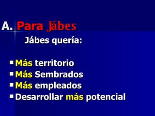 A.   Para  Jábes Jábes quería: Más  territorio Más  Sembrados Más  empleados   Desarrollar  más  potencial 