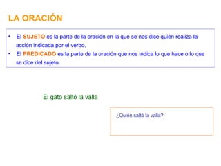 LA ORACIÓN El gato saltó la valla ¿Quién saltó la valla? El  SUJETO  es la parte de la oración en la que se nos dice quién realiza la acción indicada por el verbo. El  PREDICADO  es la parte de la oración que nos indica lo que hace o lo que se dice del sujeto. 