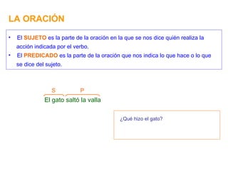 LA ORACIÓN El gato saltó la valla S P ¿Qué hizo el gato? El  SUJETO  es la parte de la oración en la que se nos dice quién realiza la acción indicada por el verbo. El  PREDICADO  es la parte de la oración que nos indica lo que hace o lo que se dice del sujeto. 