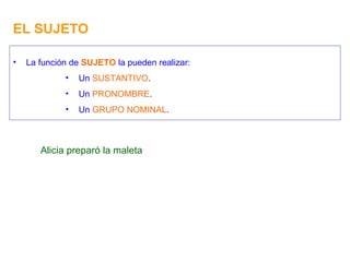EL SUJETO La función de  SUJETO  la pueden realizar: Un  SUSTANTIVO . Un  PRONOMBRE . Un  GRUPO NOMINAL . Alicia preparó la maleta 
