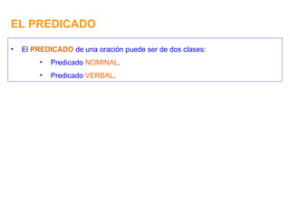 EL PREDICADO El  PREDICADO  de una oración puede ser de dos clases: Predicado  NOMINAL . Predicado  VERBAL . 