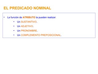 EL PREDICADO NOMINAL La función de  ATRIBUTO  la pueden realizar: Un  SUSTANTIVO . Un  ADJETIVO . Un  PRONOMBRE . Un  COMPLEMENTO PREPOSICIONAL . 