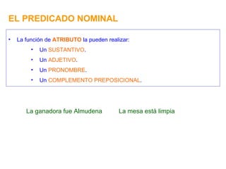 EL PREDICADO NOMINAL La función de  ATRIBUTO  la pueden realizar: Un  SUSTANTIVO . Un  ADJETIVO . Un  PRONOMBRE . Un  COMPLEMENTO PREPOSICIONAL . La ganadora fue Almudena La mesa está limpia 