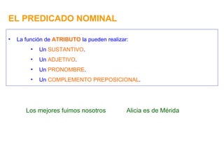 EL PREDICADO NOMINAL La función de  ATRIBUTO  la pueden realizar: Un  SUSTANTIVO . Un  ADJETIVO . Un  PRONOMBRE . Un  COMPLEMENTO PREPOSICIONAL . Los mejores fuimos nosotros Alicia es de Mérida 