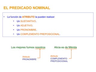EL PREDICADO NOMINAL <ul><li>La función de  ATRIBUTO  la pueden realizar: </li></ul><ul><ul><ul><li>Un  SUSTANTIVO . </li>...