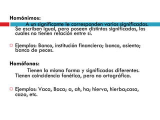 Homónimos:  A un significante le corresponden varios significados. Se escriben igual, pero poseen distintos significados, los cuales no tienen relación entre sí. Ejemplos: Banco, institución financiera; banco, asiento; banco de peces. Homófonas:   Tienen la misma forma y significados diferentes. Tienen coincidencia fonética, pero no ortográfica. Ejemplos: Vaca, Baca; a, ah, ha; hierva, hierba;casa, caza, etc. 