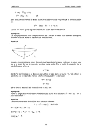 La Parábola Jaime C. Bravo Febres
15
x2
= 4( −
25
4
)(y − 25)
x2
= −25(y − 25) (2)
para calcular la distancia “d” basta sustituir las coordenadas del punto (d, 0) en la ecuación
(2)
d2
= − 25 (0 − 25) ⇒ d = ± 25.
Lo que nos indica que el agua tocará el suelo a 25m de la recta vertical.
Ejemplo 7:
Un espejo parabólico tiene una profundidad de 12cm en el centro y un diámetro en la parte
superior de 32cm. Hallar la distancia del vértice al foco.
Solución
O
Y
X
F
Los ejes coordenados se eligen de modo que la parábola tenga su vértice en el origen y su
eje a lo largo del eje Y; además, se abre hacia arriba. Por lo tanto, la ecuación de la
parábola es de la forma:
x2
= 4py
donde “p” centímetros es la distancia del vértice al foco. Como el punto (16, 12) está en la
parábola, sus coordenadas han de satisfacer la ecuación y se tiene así:
162
= 4p(12)
p = 16/3
por lo tanto la distancia del vértice al foco es 16/3 cm.
Ejemplo 8:
Hallar la longitud del radio vector (radio focal) del punto de la parábola: x2
+ 4x + 2y − 3 = 0,
cuya abscisa es 1.
Solución
La forma ordinaria de la ecuación de la parábola dada es:
P: ( ( )x y+ = − −2) 2
7
2
2 , de donde:
h = −2 ; k = 7/2 ; p = −1/2
Si: P1(1, y1) ∈ P ⇒ 1 + 4 + 2y1 − 3 = 0
luego: y1 = − 1.
 