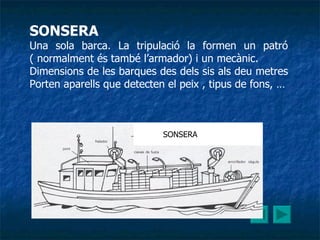 SONSERA Una sola barca. La tripulació la formen un patró ( normalment és també l’armador) i un mecànic. Dimensions de les barques des dels sis als deu metres  Porten aparells que detecten el peix , tipus de fons, … SONSERA 