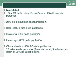 Mortalidad 1/3 a 2/3 de la población de Europa: 25 millones de personas. 25% de los pueblos desaparecieron. Italia: 50% o más de la población. Inglaterra: 70% de la población. Hamburgo: 60% de la población. China: desde ~1330: 2/3 de la población 25 millones de personas (Prov. de Hubei, 5 millones, es decir, el 90% de la población). 