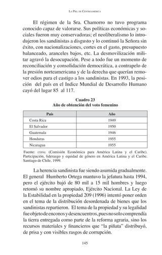 LA PIEL DE CENTROAMÉRICA 
El régimen de la Sra. Chamorro no tuvo programa 
conocido capaz de valorarse. Sus políticas económicas y so-ciales 
fueron muy conservadoras; el neoliberalismo lo intro-dujeron 
los sandinistas a disgusto y lo continuó la Señora sin 
éxito, con nacionalizaciones, cortes en el gasto, presupuesto 
balanceado, aranceles bajos, etc. La desmovilización mili-tar 
agravó la desocupación. Pese a todo fue un momento de 
reconciliación y consolidación democrática, a contrapelo de 
la presión norteamericana y de la derecha que querían remo-ver 
odios para el castigo a los sandinistas. En 1993, la posi-ción 
del país en el Indice Mundial de Desarrollo Humano 
145 
cayó del lugar 85 al 117. 
Cuadro 23 
Año de obtención del voto femenino 
País Año 
Costa Rica 1949 
El Salvador 1950 
Guatemala 1946 
Honduras 1955 
Nicaragua 1955 
Fuente: CEPAL (Comisión Económica para América Latina y el Caribe). 
Participación, liderazgo y equidad de género en América Latina y el Caribe. 
Santiago de Chile, 1999. 
La herencia sandinista fue siendo asumida gradualmente. 
El general Humberto Ortega mantuvo la jefatura hasta 1994, 
pero el ejército bajó de 80 mil a 15 mil hombres y luego 
retomó su nombre apropiado, Ejército Nacional. La Ley de 
la Estabilidad en la propiedad 209 (1996) intentó poner orden 
en el tema de la distribución desordenada de bienes que los 
sandinistas repartieron. El tema de la propiedad y su legalidad 
fue objeto de enconos y desencuentros, pues no solo comprendía 
la tierra entregada como parte de la reforma agraria, sino los 
recursos materiales y financieros que “la piñata” distribuyó, 
de prisa y con visibles rasgos de corrupción. 
 