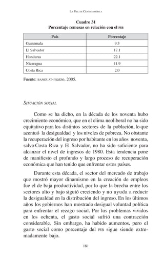 LA PIEL DE CENTROAMÉRICA 
181 
SITUACIÓN SOCIAL 
Como se ha dicho, en la década de los noventa hubo 
crecimiento económico, que en el clima neoliberal no ha sido 
equitativo para los distintos sectores de la población, lo que 
acentuó la desigualdad y los niveles de pobreza. No obstante 
la recuperación del ingreso por habitante en los años noventa, 
salvo Costa Rica y El Salvador, no ha sido suficiente para 
alcanzar el nivel de ingresos de 1980. Esta tendencia pone 
de manifiesto el profundo y largo proceso de recuperación 
económica que han tenido que enfrentar estos países. 
Durante esta década, el sector del mercado de trabajo 
que mostró mayor dinamismo en la creación de empleos 
fue el de baja productividad, por lo que la brecha entre los 
sectores alto y bajo siguió creciendo y no ayuda a reducir 
la desigualdad en la distribución del ingreso. En los últimos 
años los gobiernos han mostrado desigual voluntad política 
para enfrentar el rezago social. Por los problemas vividos 
en los ochenta, el gasto social sufrió una contracción 
considerable. Sin embargo, ha habido aumentos, pero el 
gasto social como porcentaje del PIB sigue siendo extre-madamente 
bajo. 
Cuadro 31 
Porcentaje remesas en relación con el PIB 
País Porcentaje 
Guatemala 9.3 
El Salvador 17.1 
Honduras 22.1 
Nicaragua 11.9 
Costa Rica 2.0 
Fuente: BANGUAT-marzo, 2005. 
 