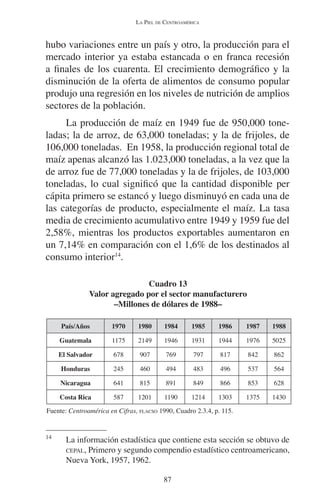 LA PIEL DE CENTROAMÉRICA 
hubo variaciones entre un país y otro, la producción para el 
mercado interior ya estaba estancada o en franca recesión 
a finales de los cuarenta. El crecimiento demográfico y la 
disminución de la oferta de alimentos de consumo popular 
produjo una regresión en los niveles de nutrición de amplios 
sectores de la población. 
La producción de maíz en 1949 fue de 950,000 tone-ladas; 
la de arroz, de 63,000 toneladas; y la de frijoles, de 
106,000 toneladas. En 1958, la producción regional total de 
maíz apenas alcanzó las 1.023,000 toneladas, a la vez que la 
de arroz fue de 77,000 toneladas y la de frijoles, de 103,000 
toneladas, lo cual significó que la cantidad disponible per 
cápita primero se estancó y luego disminuyó en cada una de 
las categorías de producto, especialmente el maíz. La tasa 
media de crecimiento acumulativo entre 1949 y 1959 fue del 
2,58%, mientras los productos exportables aumentaron en 
un 7,14% en comparación con el 1,6% de los destinados al 
consumo interior14. 
Cuadro 13 
Valor agregado por el sector manufacturero 
–Millones de dólares de 1988– 
País/Años 1970 1980 1984 1985 1986 1987 1988 
Guatemala 1175 2149 1946 1931 1944 1976 5025 
El Salvador 678 907 769 797 817 842 862 
Honduras 245 460 494 483 496 537 564 
Nicaragua 641 815 891 849 866 853 628 
Costa Rica 587 1201 1190 1214 1303 1375 1430 
Fuente: Centroamérica en Cifras, FLACSO 1990, Cuadro 2.3.4, p. 115. 
14 La información estadística que contiene esta sección se obtuvo de 
CEPAL, Primero y segundo compendio estadístico centroamericano, 
Nueva York, 1957, 1962. 
87 
 