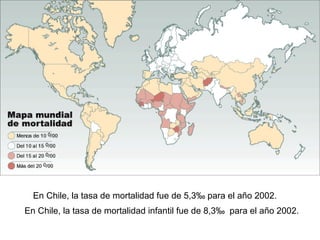 En Chile, la tasa de mortalidad fue de 5,3‰ para el año 2002.
En Chile, la tasa de mortalidad infantil fue de 8,3‰ para el año 2002.
 