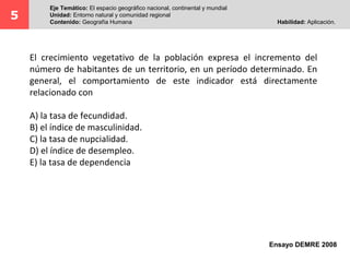 5
Eje Temático: El espacio geográfico nacional, continental y mundial
Unidad: Entorno natural y comunidad regional
Contenido: Geografía Humana Habilidad: Aplicación.
Ensayo DEMRE 2008
El crecimiento vegetativo de la población expresa el incremento del
número de habitantes de un territorio, en un período determinado. En
general, el comportamiento de este indicador está directamente
relacionado con
A) la tasa de fecundidad.
B) el índice de masculinidad.
C) la tasa de nupcialidad.
D) el índice de desempleo.
E) la tasa de dependencia
 