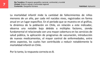 7
Eje Temático: El espacio geográfico nacional, continental y mundial
Unidad: Entorno natural y comunidad regional
Contenido: Geografía Humana Habilidad: Aplicación
La mortalidad infantil mide la cantidad de fallecimientos de niños
menores de un año, por cada mil nacidos vivos, registrados en forma
anual en un lugar específico. En el período que se muestra en el gráfico,
la dinámica de la población en Chile, en relación a este indicador,
observa una notable baja debido a múltiples factores, siendo
fundamental el relacionado con una mayor cobertura en los servicios de
salud pública, la aplicación de programas de vacunación, introducción
de nuevos medicamentos, el mayor control de enfermedades, entre
otros aspectos, los cuales han contribuido a reducir notablemente la
mortalidad infantil en Chile.
Por lo tanto, la respuesta correcta es B.
 