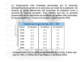 La edad media, hoy, en Chile es de alrededor de 31 años, 5 años más
que en 1950 y 5 menos de lo que llegaría a ser el año 2025.
La consecuencia más inmediata provocadas por la transición
demográfica es el cambio en la estructura por edad de la población. Se
produce la rápida disminución del porcentaje de población joven y
aumenta la “minoría creciente”. Esto significa que hay un aumento
proporcional de los segmentos de población de edades más avanzadas,
los que superarán en número a los jóvenes a partir del año 2035.
 