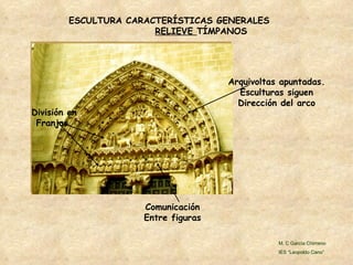 Arquivoltas apuntadas. Esculturas siguen Dirección del arco Comunicación Entre figuras División en Franjas. ESCULTURA CARACTERÍSTICAS GENERALES RELIEVE  TÍMPANOS M. C García Chimeno IES “Leopoldo Cano” 