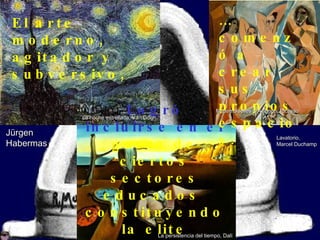Jürgen  Habermas El arte moderno, agitador y subversivo,   Logró incluirse en   el  gusto de ciertos sectores educados  constituyendo la elite   cultural . … comenzó a crear sus propios espacios.  La persistencia del tiempo, Dalí Mademoiselles d´Avignon, Picasso La noche estrellada, Van Gogh Lavatorio,  Marcel Duchamp 