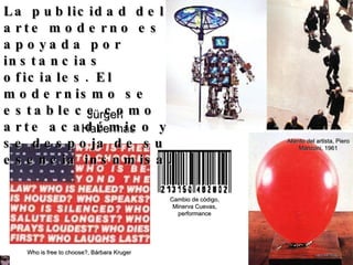 Jürgen  Habermas La publicidad del arte moderno es apoyada por instancias oficiales. El modernismo se establece como arte académico y se despoja de su esencia insumisa.  Who is free to choose?, Bárbara Kruger Aliento del artista, Piero Manzoni, 1961 Cambio de código, Minerva Cuevas, performance 