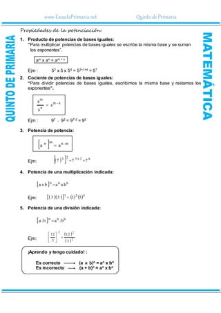 www.EscuelaPrimaria.net Quinto dePrimaria
Propiedades de la potenciación:
1. Producto de potencias de bases iguales:
“Para multiplicar potencias de bases iguales se escribe la misma base y se suman
los exponentes”.
am x an = am + n
Ejm : 52 x 5 x 54 = 52+1+4 = 57
2. Cociente de potencias de bases iguales:
“Para dividir potencias de bases iguales, escribimos la misma base y restamos los
exponentes”.
n
m
n
m
a
a
a 

Ejm : 97  92 = 97-2 = 95
3. Potencia de potencia:
  m
.
n
m
n
a
a 
Ejm:  
  6
2
x
3
2
3
7
7
7 

4. Potencia de una multiplicación indicada:
  n
n
n
b
x
a
b
x
a 
Ejm:   
     3
3
3
5
3
5
3 
5. Potencia de una división indicada:
  n
n
n
b
:
a
b
:
a 
Ejm:
 
 2
2
2
3
12
3
12







¡Aprendo y tengo cuidado! :
Es correcto (a x b)n = an x bn
Es incorrecto (a + b)n = an x bn
 