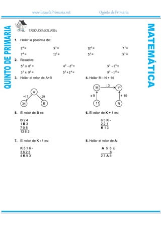www.EscuelaPrimaria.net Quinto dePrimaria
TAREADOMICILIARIA
1. Hallar la potencia de:
8
2 = 3
9 = 2
12 = 3
7 =
4
7 = 2
11 = 3
5 = 3
9 =
2. Resuelve:
2
5 x 2
8 = 3
3
2
4  = 5
3
2
9  =
3
3 x 2
9 = 3
5 + 4
2 = 10
3
1
9  =
3. Hallar el valor de A+B 4. Hallar M - N + 14
A
34 B
+17 - 29 x 9
P
M
N
11
+ 19
: 3
5. El valor de B es: 6. El valor de K + 1 es:
B 2 4 6 3 K -
1 B 3 2 2 1
7 0 5 K 1 3
13 8 2
7. El valor de K - 1 es: 8. Hallar el valor de A:
K 5 1 6 - A 5 8 x
3 6 2 3 6
4 K 9 3 2 7 A 8
 