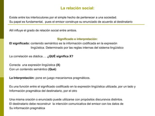 La relación social:
Existe entre los interlocutores por el simple hecho de pertenecer a una sociedad.
Su papel es fundamental, pues el emisor construye su enunciado de acuerdo al destinatario
Allí influye el grado de relación social entre ambos.
Significado e interpretación:
El significado: contenido semántico es la información codificada en la expresión
lingüística. Determinado por las reglas internas del sistema lingüístico
La correlación es diádica…. ¿QUÉ significa X?
Conecta una expresión lingüística (X)
Con un contenido semántico (Qué)
La Interpretación: pone en juego mecanismos pragmáticos.
Es una función entre el significado codificado en la expresión lingüística utilizada, por un lado y
Información pragmática del destinatario, por el otro
Una misma oración o enunciado puede utilizarse con propósitos discursivos distintos.
El destinatario debe reconstruir la intención comunicativa del emisor con los datos de
Su información pragmática
 