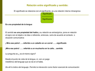 Relación entre significado y sentido:
El significado se relaciona con el significante, es una relación interna intrasígnica
Significado
-----------------
Significante
Es una propiedad de la lengua
El sentido es una propiedad del habla y su relación es extrasígnica, pone en relación
el signo con el objeto o la idea o referente, entonces, varía de acuerdo al contexto o
situación comunicativa
¡ Mira ese potro! …..referido a un caballo en un corral ……significado
¡Mira ese potro! ……referido a un muchacho en la calle….sentido
La pregunta es ¿ es el mismo signo?
Desde el punto de vista de la lengua, sí, con un juego
metafórico del lenguaje que se da en el habla.
De allí lo lúdico del lenguaje. Permite la interacción como factor esencial de comunicación
 