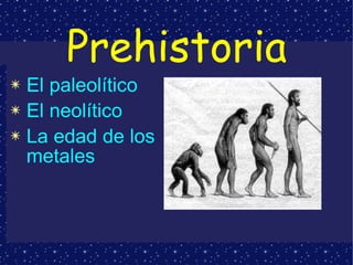 Prehistoria <ul><li>El paleolítico </li></ul><ul><li>El neolítico </li></ul><ul><li>La edad de los metales </li></ul>
