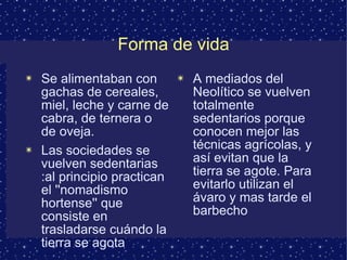 Forma de vida Se alimentaban con gachas de cereales, miel, leche y carne de cabra, de ternera o de oveja. Las sociedades se vuelven sedentarias :al principio practican el ''nomadismo hortense'' que consiste en trasladarse cuándo la tierra se agota  A mediados del Neolítico se vuelven totalmente sedentarios porque conocen mejor las técnicas agrícolas, y así evitan que la tierra se agote. Para evitarlo utilizan el ávaro y mas tarde el barbecho  