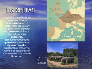 Los CELTAS Llegaron a la Península del  Centro de Europa . Se instalaron en :  el Norte, valles del Duero y del Ebro. Terminaron por  mezclarse  con los íberos… dando lugar a los  celtíberos. Eran fundamentalmente  ganaderos  y cultivaban  algunos cereales . Trabajaban el bronce y el hierro. Sus esculturas son rudimentarias (Los toros de Guisando).   La Europa celta Los toros de Guisando 