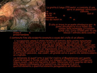 • La grotta è lunga 270 metri, e consiste di una
b serie di passaggi intrecciati
e di camere. Il m cunicolo
principale ha un'altezza variabile dai m due ai
sei metri. La caverna si è formata m m
grazie al crollo di precedenti fenomeni m m
carsici nella roccia calcarea dei monti m m
Vispieres.
m Il sito si trova in un punto strategico per m
m poter sfruttare la ricca fauna che
abitava le m vallate delle montagne circostanti,
fornendo n quindi cibo. Circa 13.000 anni fa una
frana n n bloccò l'entrata della caverna
preservandone
il contenuto fino alla scoperta avvenuta a causa del crollo di un albero.
L'occupazione umana è stata limitata all'entrata della grotta nonostante
siano state trovate pitture per tutta la lunghezza del cunicolo. Gli artisti
usarono carbone ed ocra o ematite per dipingere, spesso diluendo i colori per
produrre totalità e creare così effetti di chiaroscuro. Sfruttarono i contorni
naturali dei muri per dare un'impressione di tridimensionalità ai soggetti. Il
Soffitto Multicolore è l'opera più appariscente e mostra un branco di bisonti
in differenti posizioni, due cavalli, un grande cervo e quello che sembra essere
un cinghiale.
La datazione di quest'arte si può far risalire al Magdaleniano per quanto
riguarda animali e forme astratte. Le immagini del Solutreano raffigurano
invece cavalli, capre ed impronte di mani. Numerose altre caverne nel nord
della Spagna contengono arte paleolitica, ma nessuna di loro è
qualitativamente o quantitativamente paragonabile ad Altamira.
 