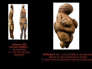 Avdejevo (B),
Ucraina (URSS) -
Gravettiano
h. = cm. 16 avorio di
mammuth Willendorf (A) - circa 23.000 ac. Aurignaciano
Museo di Storia Naturale di Vienna
h. 11cm in roccia calcarea ricoperta d'ocra ross
 