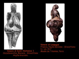 Venere di Dolnì-Vestonice 1
Cecoslovacchia, Moravia - Gravettiano
Argilla bruciata.
Venere di Lespugue
Francia, Haute-Garonne - Gravettiano
h.= cm. 14,7
Musée de l'Homme, Paris
 