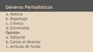 Géneros Periodísticos
a. Noticia
b. Reportaje
c. Crónica
d. Entrevistas
Opinión
a. Editorial
b. Cartas al director
c. Artículo de fondo
 