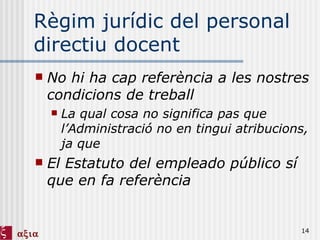 Règim jurídic del personal directiu docent  No hi ha cap referència a les nostres condicions de treball La qual cosa no significa pas que l’Administració no en tingui atribucions, ja que El Estatuto del empleado público sí que en fa referència 