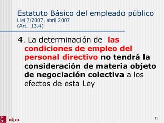 Estatuto Básico del empleado público   Llei 7/2007, abril 2007 (Art.  13.4) 4. La determinación de  las condiciones de empleo del personal directivo   no tendrá la consideración de materia objeto de negociación colectiva  a los efectos de esta Ley 