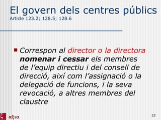 El govern dels centres públics Article 123.2; 128.5; 128.6 Correspon al  director o la directora   nomenar i cessar  els membres de l’equip directiu i del consell de direcció, així com l’assignació o la delegació de funcions, i la seva revocació, a altres membres del claustre 