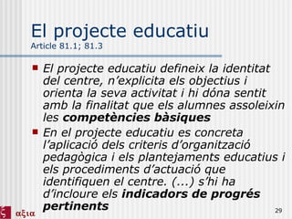 El projecte educatiu Article 81.1; 81.3 El projecte educatiu defineix la identitat del centre, n’explicita els objectius i orienta la seva activitat i hi dóna sentit amb la finalitat que els alumnes assoleixin les  competències bàsiques En el projecte educatiu es concreta l’aplicació dels criteris d’organització pedagògica i els plantejaments educatius i els procediments d’actuació que identifiquen el centre. (...) s’hi ha d’incloure els  indicadors de progrés pertinents 